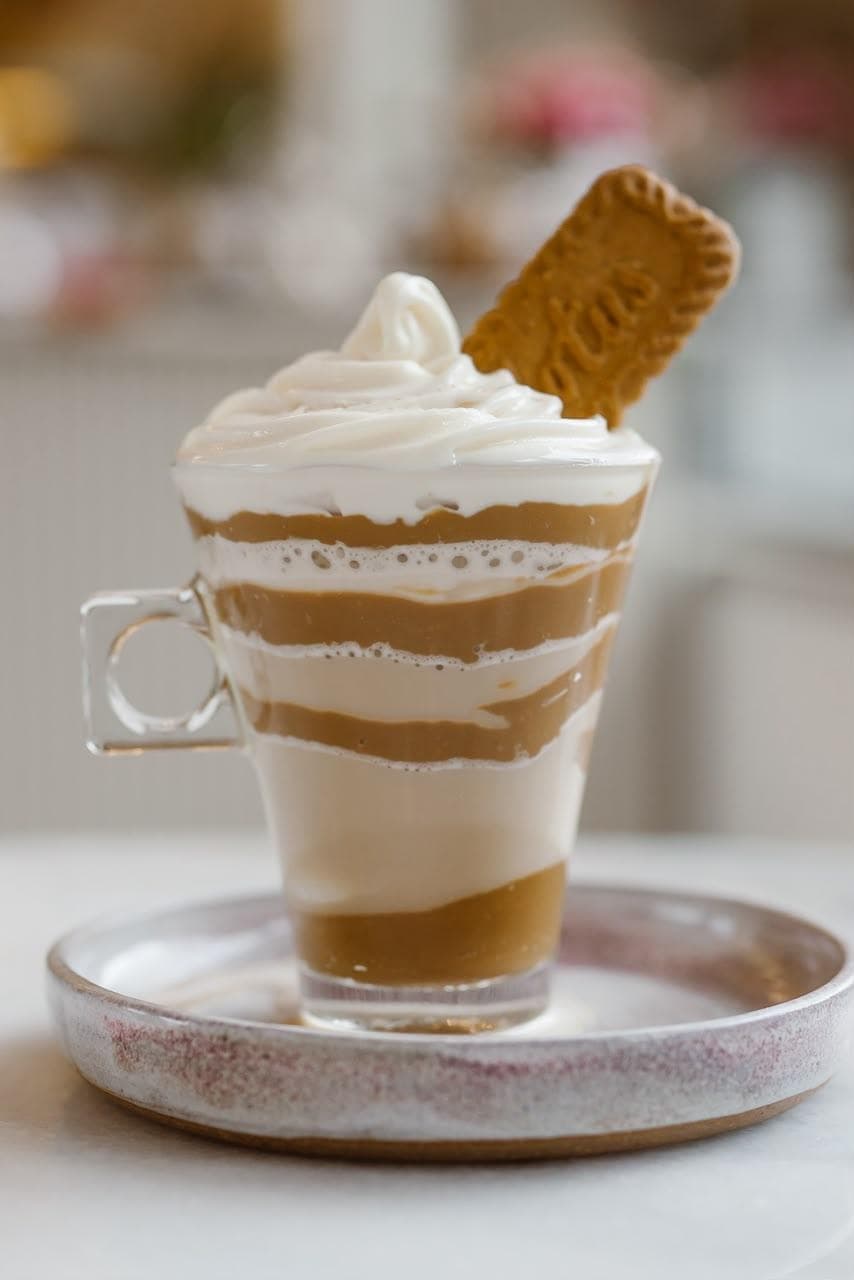 Café gelado servido em camadas de creme e café numa xícara de vidro, com chantilly no topo e um biscoito espetado, sobre um pires de cerâmica